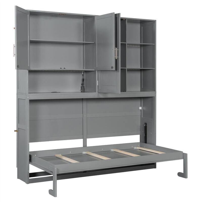 Twin Size Murphy Wall Bed with Top Cabinet and Light, Space Saving Foldable Murphy Cabinet Bed with USB Ports & Storage Shelves