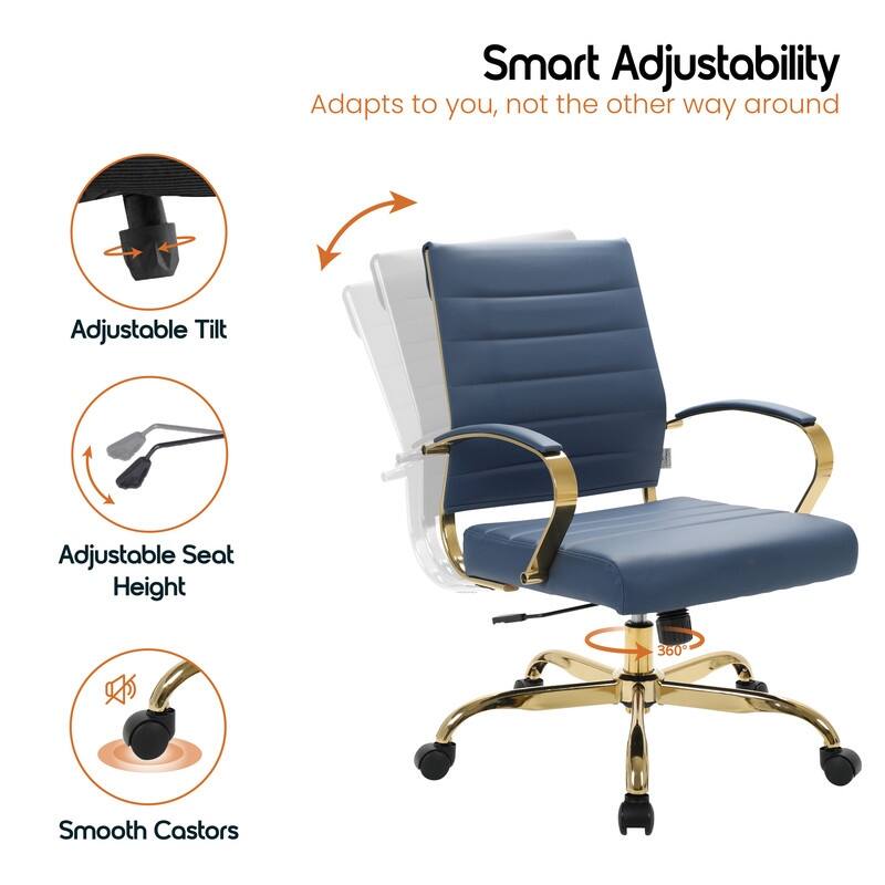 Benmar Mid-Back Leather Office Desk Chair in Gold Stainless Steel Frame Adjustable Height Tilt Lock 360 Swivel Ergonomic Chair