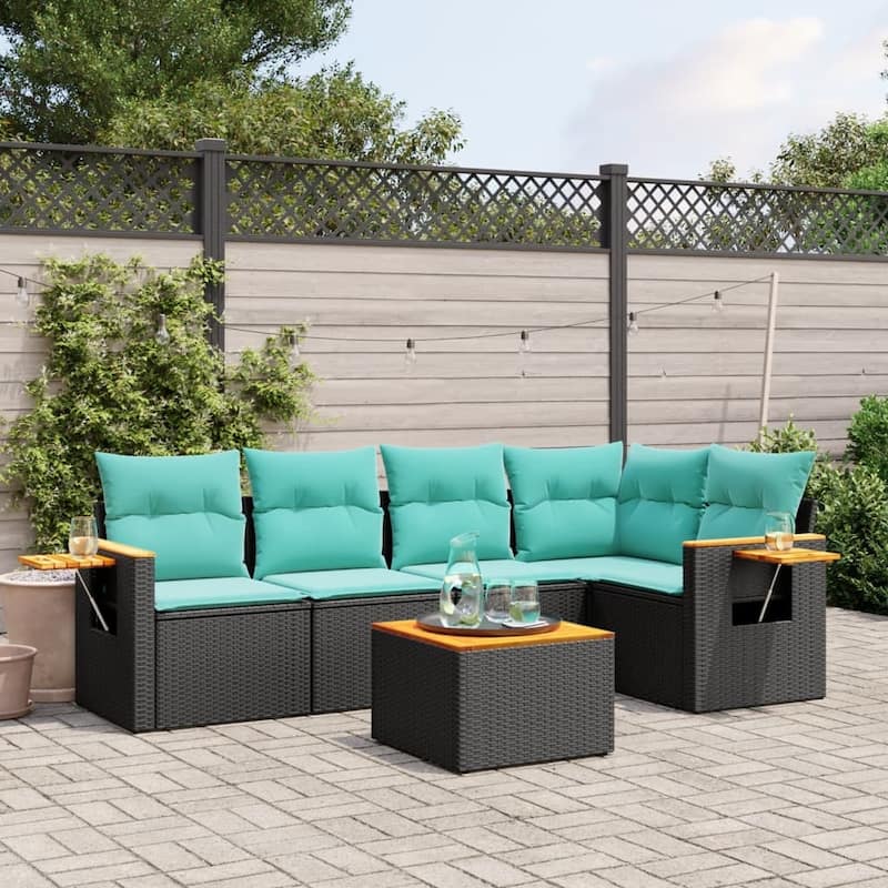 vidaXL 5 Piece Patio Sofa Set with Cushions Black Poly Rattan - 21.7x27.2x24.4-With table