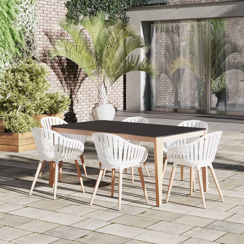 Amazonia Phairer FSC Certified Wood Outdoor Patio Dining Set - Black Table & White Chairs with Wood Legs