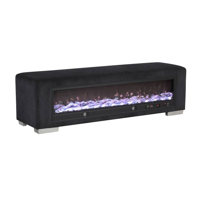 Furniture of America Goffney Chenille Bench with Fireplace Simulator and Bluetooth Audio