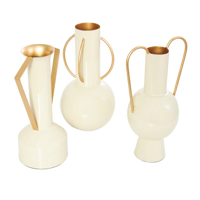 CosmoLiving by Cosmopolitan Light Blue or Cream Metal Abstract Vase with Varying Shapes and Geometric Gold Handles (Set of 3)
