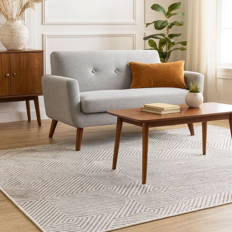 Glam 8 x 10 Area Rug, Geometric Pattern, Tufted Gray White Polyester, Wool - 8 x 10