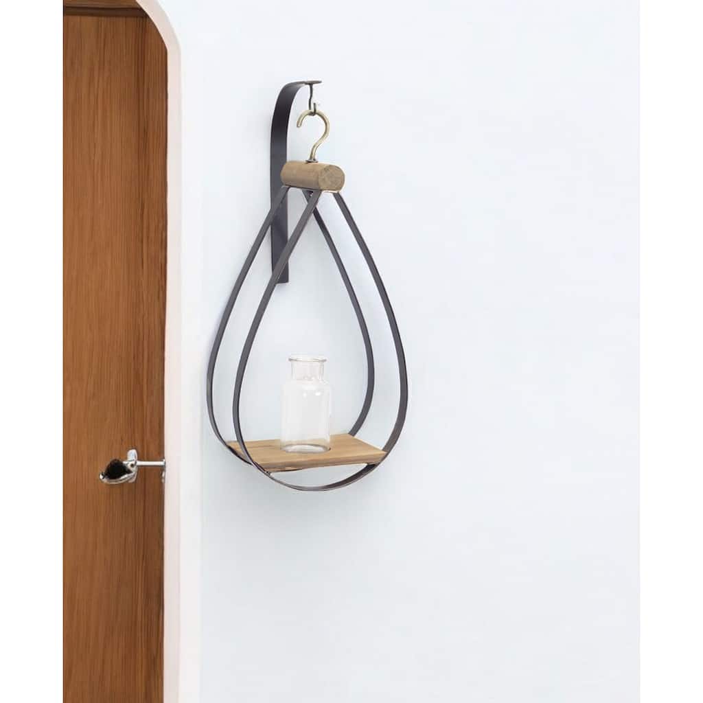 Set of Two Clear Brown and Black Metal Glass and Wood Wall Vases - 9.5