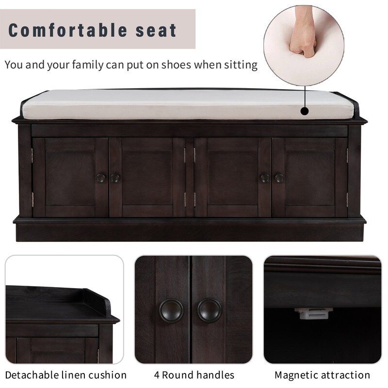 Cushioned Bench with 4 Doors, Big Storage Bench, Adjustable ...