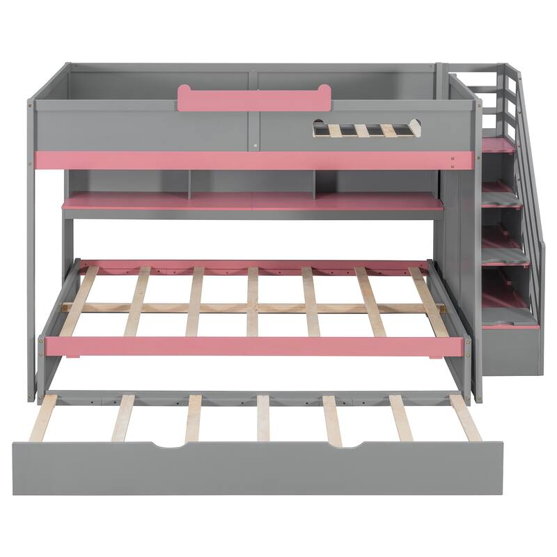 Roomfitters Full Over Full Bunk Bed with Twin Trundle, Storage Staircase & LED Lighting, Functional Space Saving Sleeper