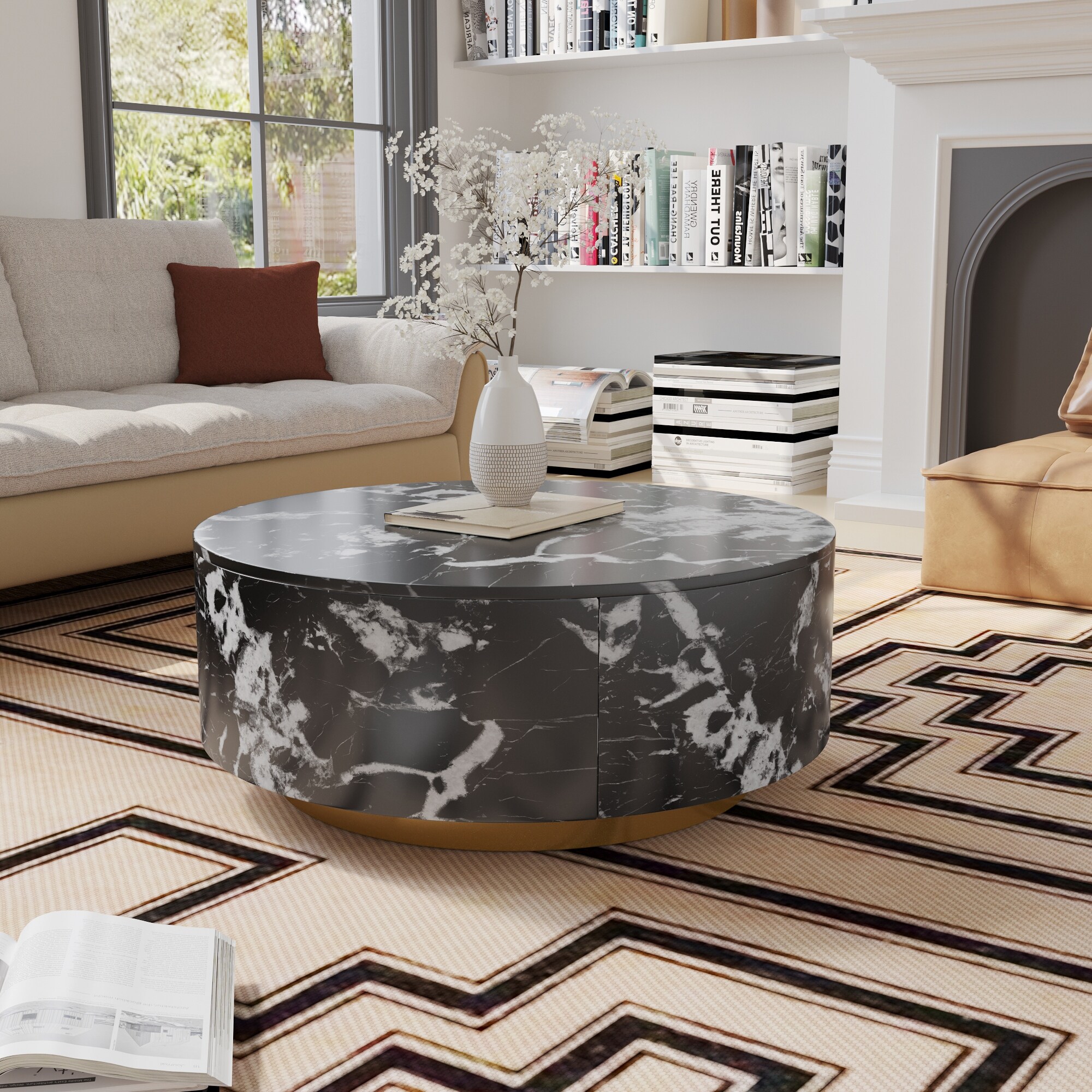 Modern Square Drum Coffee Table Minimalist Wood Trapezoid Coffee Table with Storage