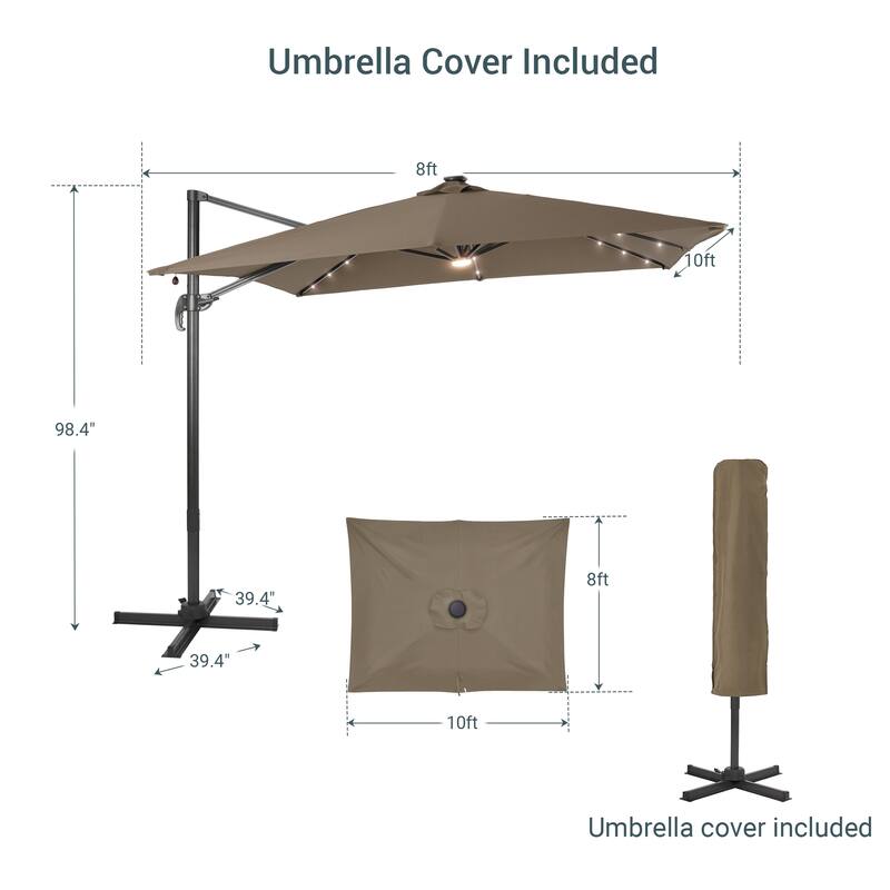 LIVOOSUN Aluminum 10x8FT LED Rectangular Cantilever Patio Umbrella