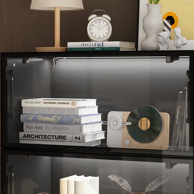 Stylish Aluminum Bookshelf with Four Hinged Doors and Strips Lighting