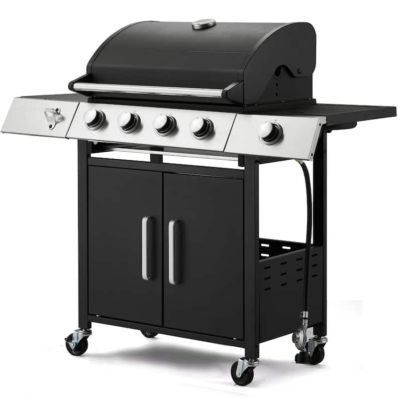 Outdoor Propane Gas Grill with Side Burner, Cast Iron Grates, Storage Cabinet, Easy Clean for Backyard & Patio - White - Propane Gas