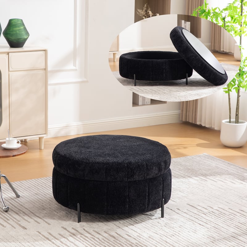 31.3"W Round Storage Ottoman, Footstool with Reversible Lid,Coffee Table,Metal Legs - Black