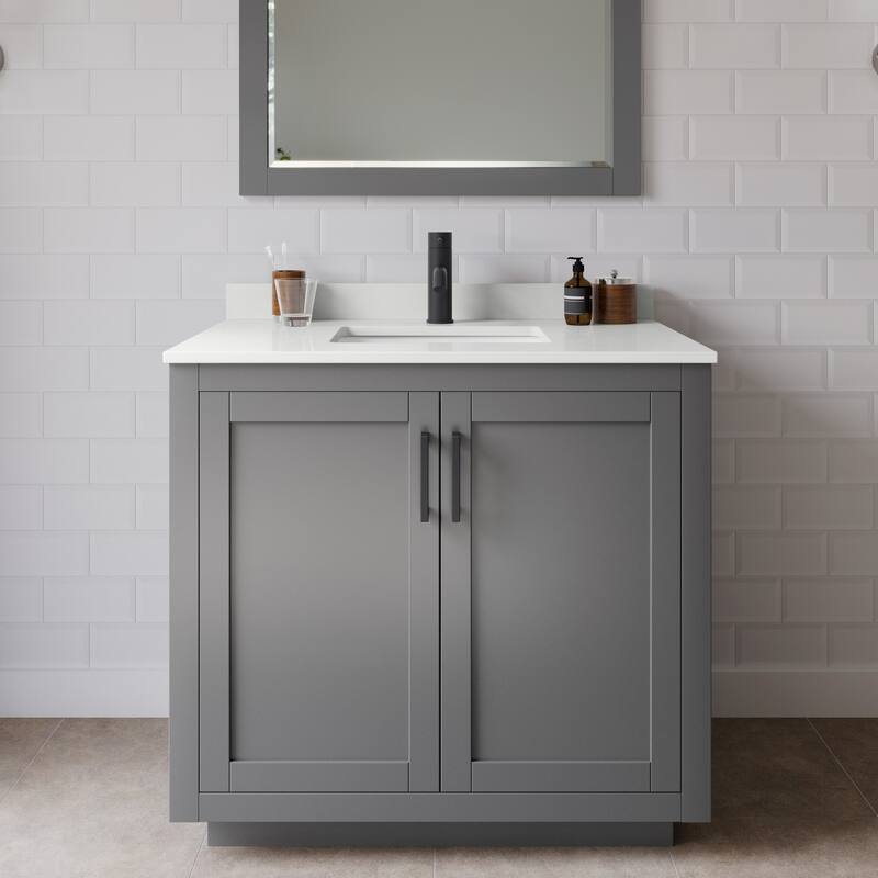 Wyndham Collection WCF292936S-QTZ-UNSMXX Miranda 36" Free Standing - Dark Gray / White Quartz Top / Matte Black