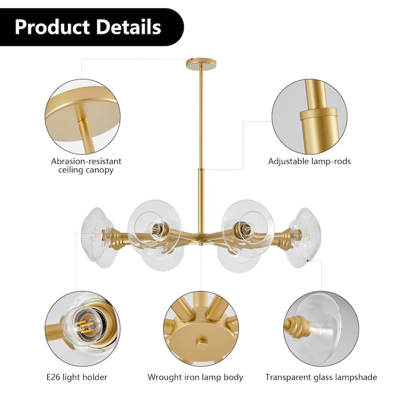 36" Modern Gold 8-Light Sputnik Chandelier with Clear Glass Shades, Mid-Century Hanging Pendant Light Fixture for Dining Room