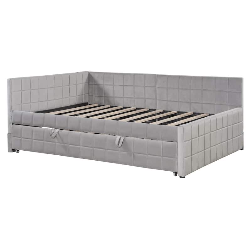 L-Shaped Upholstered Daybed with Pop Up Trundle, Checkered Tufted Sofa Bed Built-In USB Charging Ports, Full Sleeper Sofa Bed