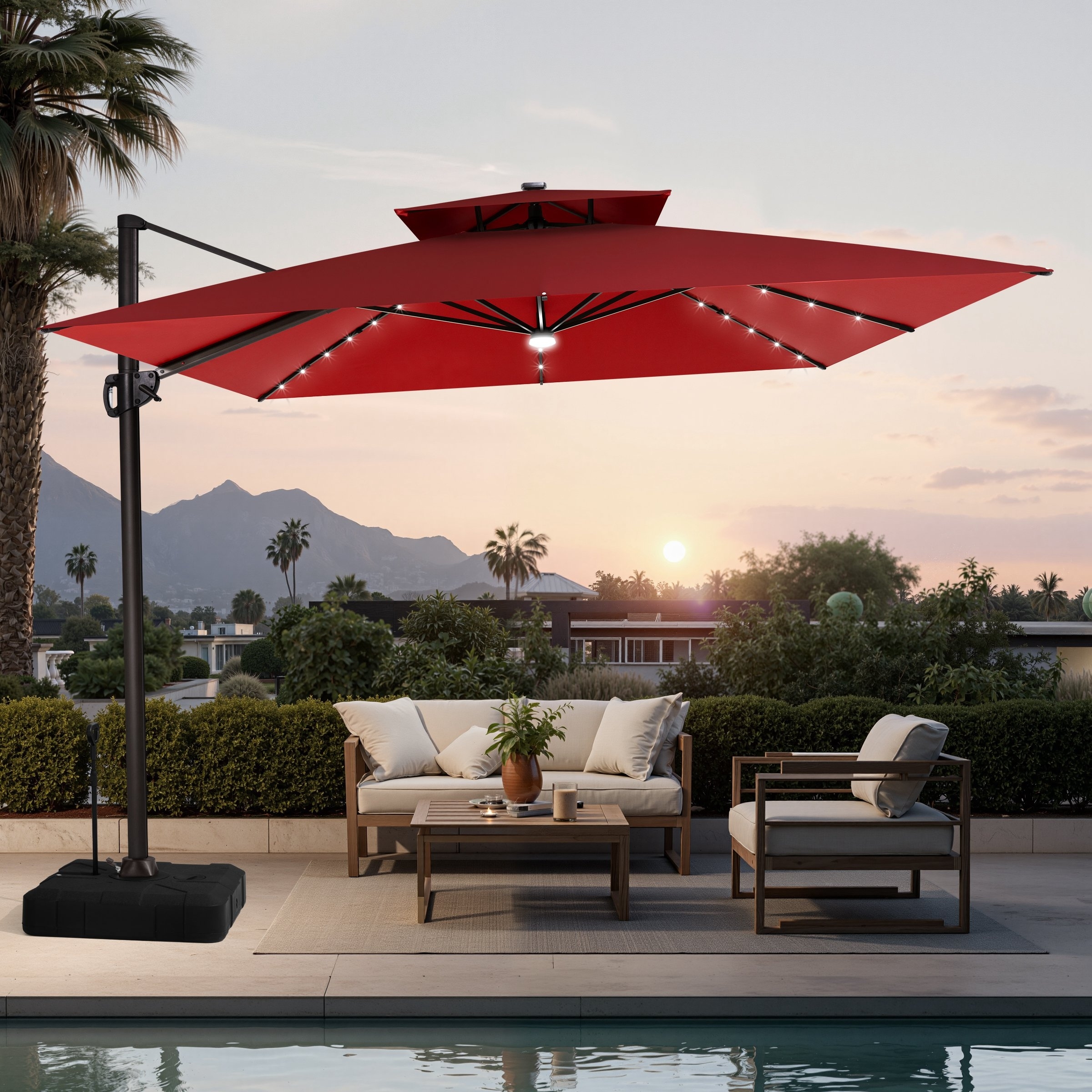 11 FT Outdoor Square Solar-powered LED Double Top Patio Cantilever Offset Umbrella and Base with Wheels and Drag Rod