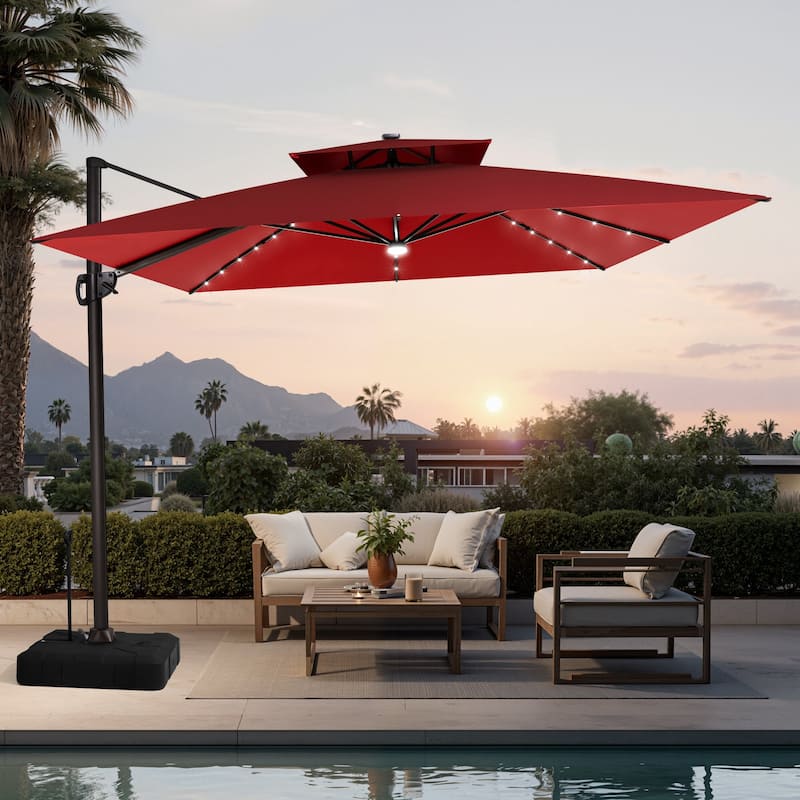 11 FT Outdoor Square Solar-powered LED Double Top Patio Cantilever Offset Umbrella and Base with Wheels and Drag Rod - Red