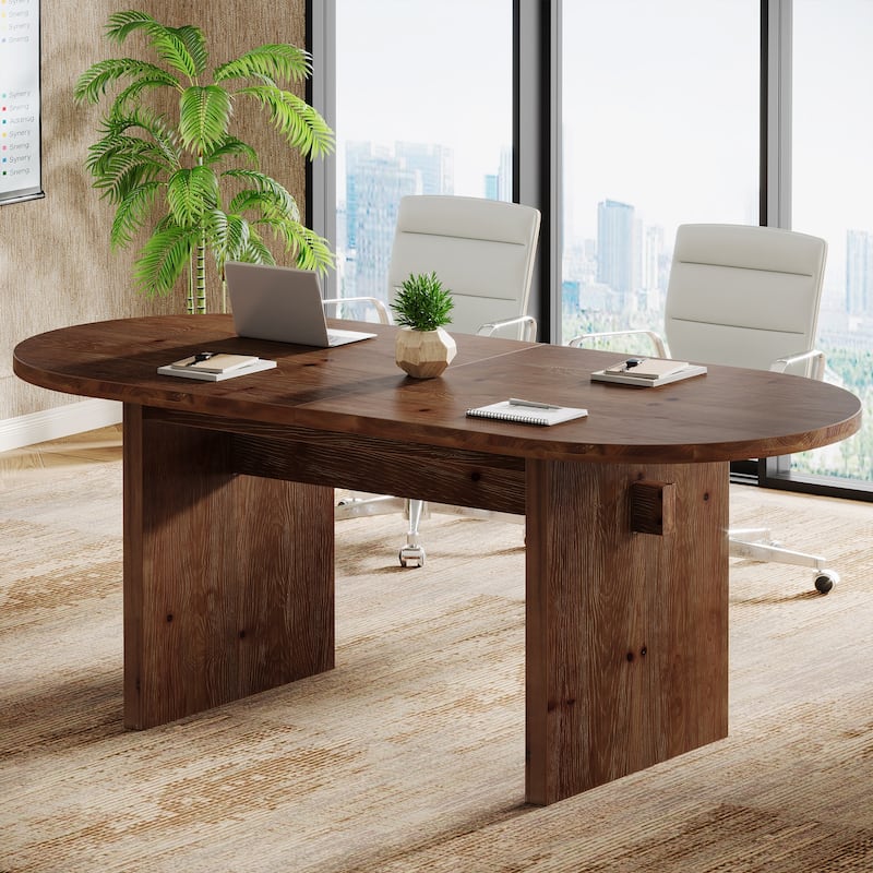 5.24 ft Solid Wood Oval Conference Table for 6 People - Brown