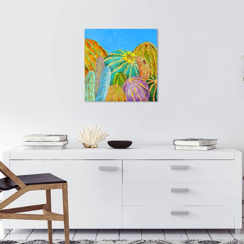 Wynwood Studio Canvas Floral and Botanical Vivian Fache - Giro-Cactus II Left Blue and Tropical Wall Art Canvas Print - 20 x 20