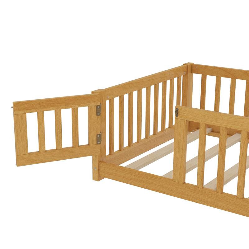 Roomfitters Twin Floor Bed with Safety Fence, Solid Wood Sleeping Frame with Opening Door and Guardrails, Natural