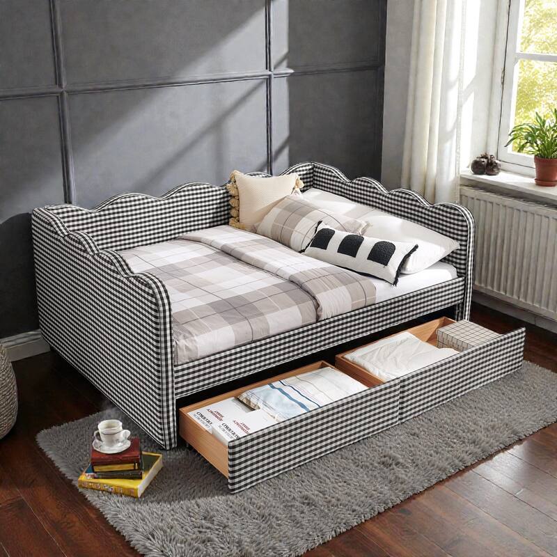 Full Size Gingham Upholstered Daybed with USB Port, Two Storage Drawers and Wave Shaped Design