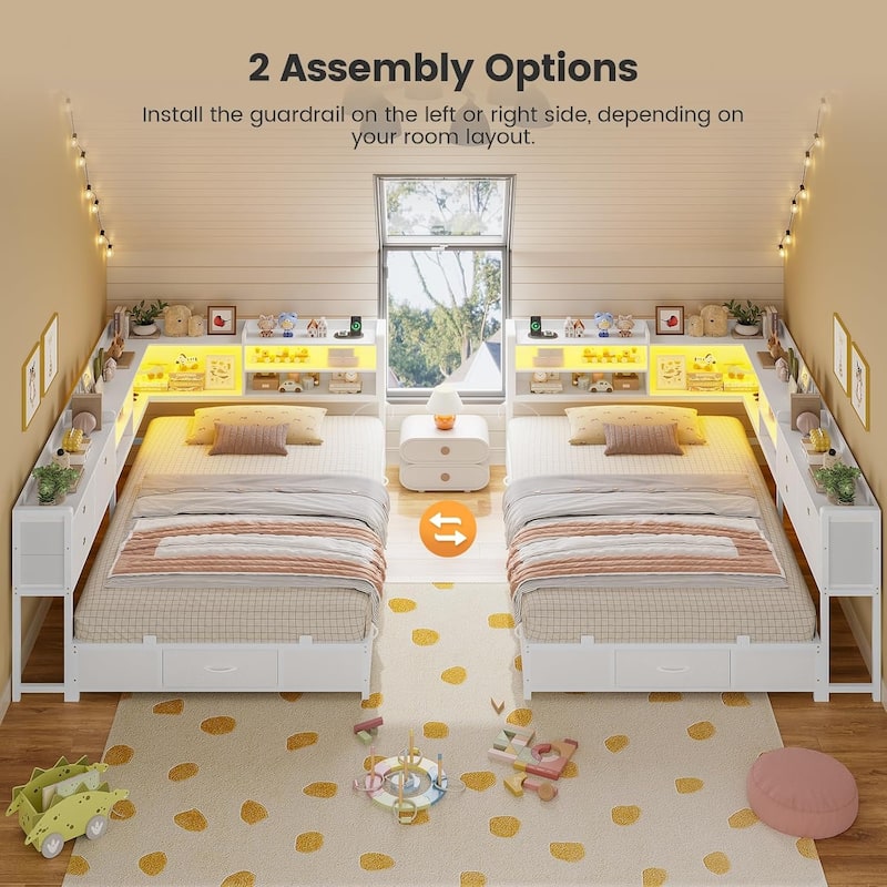 Corner Bed Frame Charging Station Twin Daybed 8 Storage Drawers Bookcase