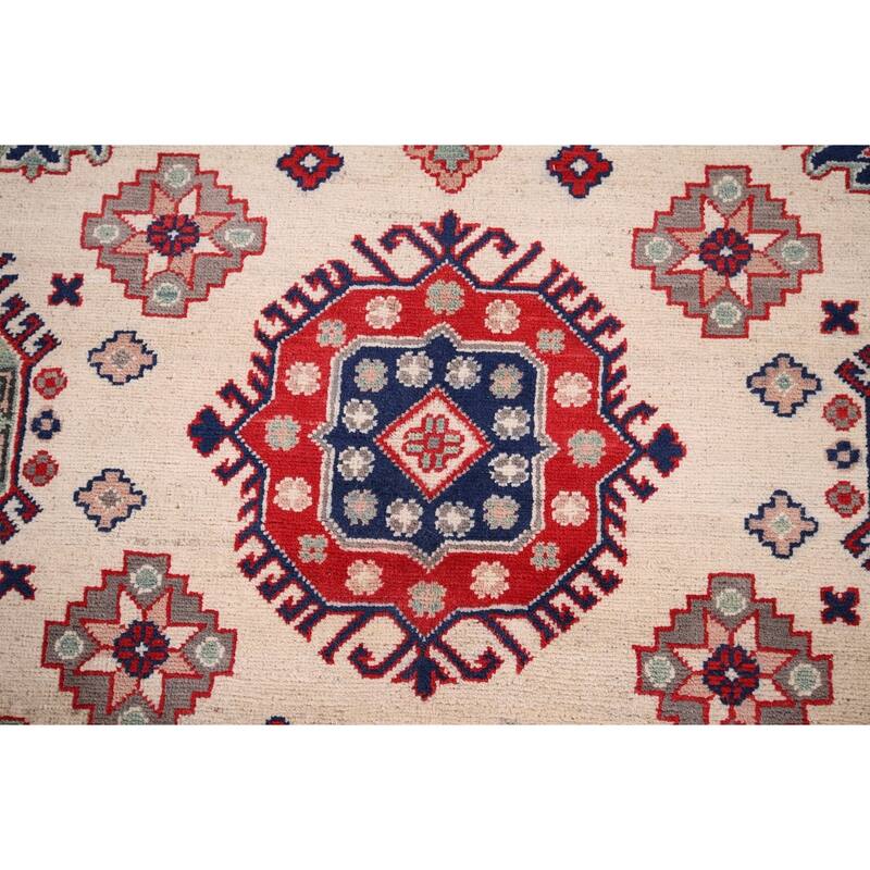 Geometric Kazak Area Rug Hand-Knotted Bedroom Beige Wool Carpet - 5'2" x 6'7"