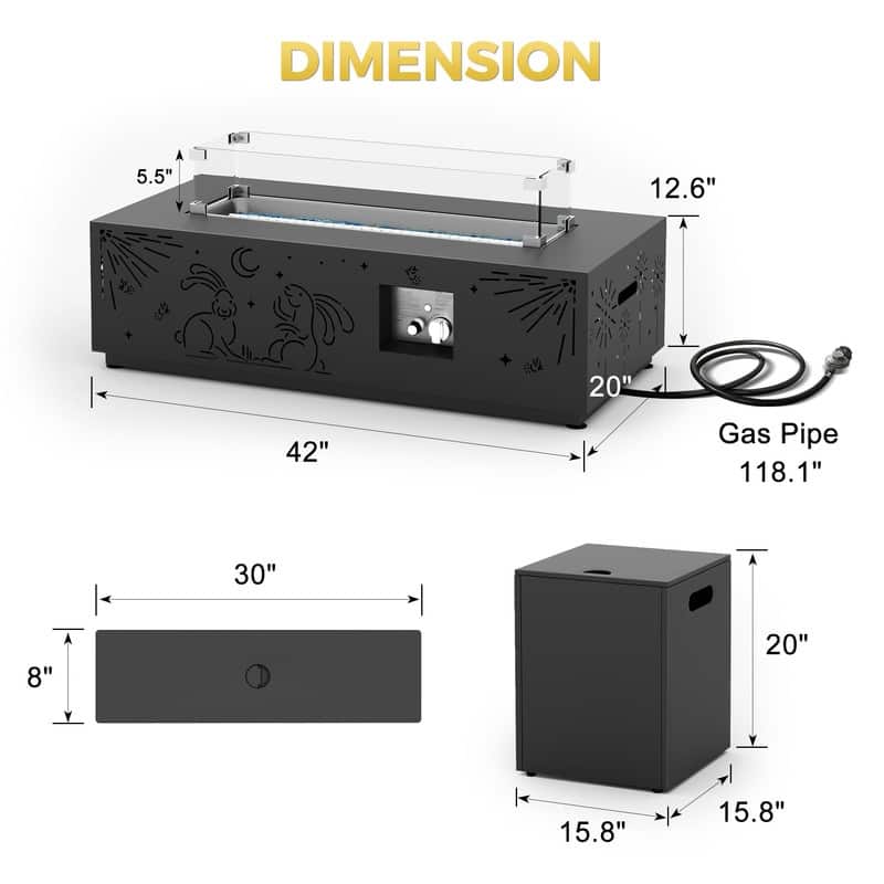 FINCATI Propane Fire Pit Coffee Table, Rectangle Natural Gas Outdoor Fire Pit Modern Gas Firepit, 42'' Fire Pit Table