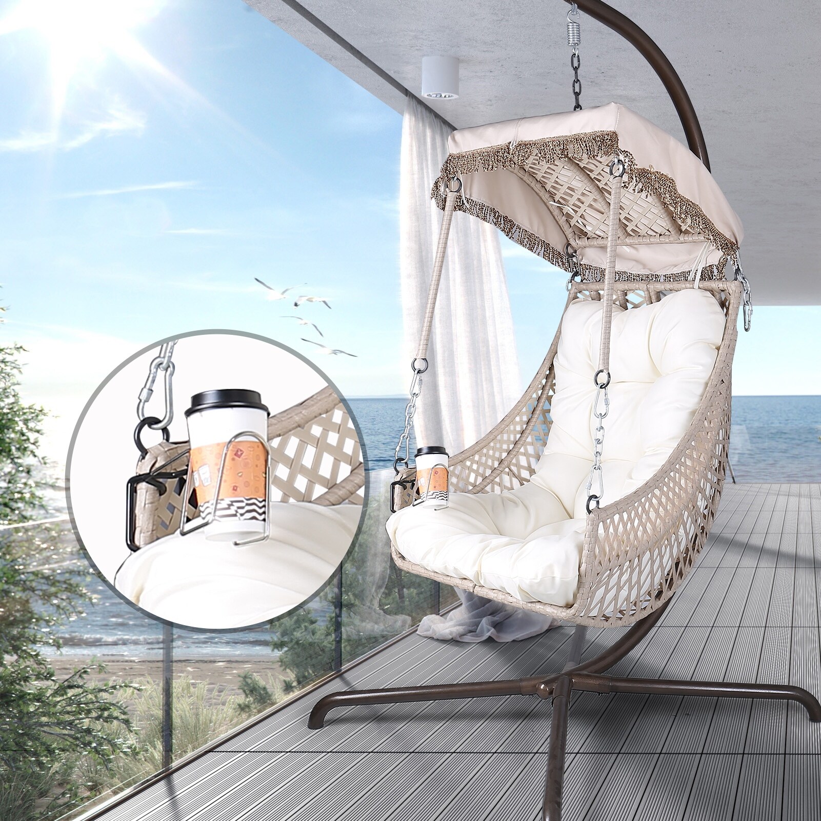 Swing Egg Chair with Stand Wicker Rattan Frame 350lbs Capacity Hammock Chair with Sunshade Cloth Courtyard Cushion And Pillow Beige leaf