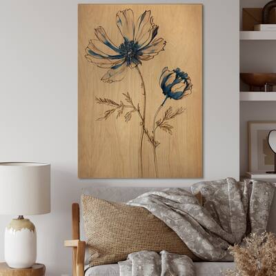 Designart 'Blue Vintage Flower Blooming VII' Floral Wood Wall Art - Natural Pine Wood