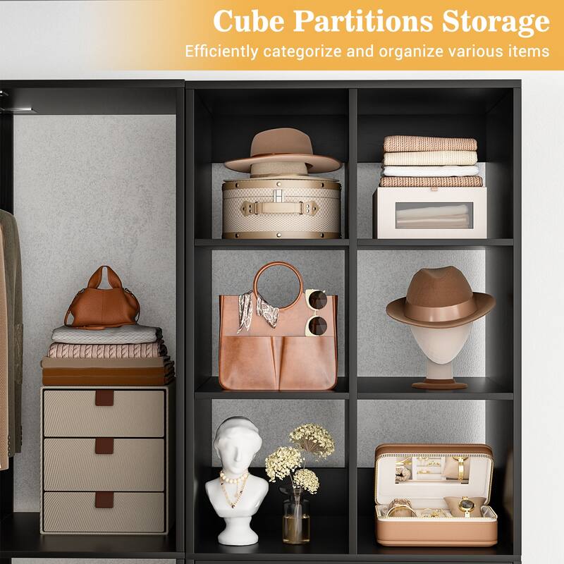 Qvella Corner Closet System with 4 Wooden Drawers & Hanging Rods & Pants Rack, Walk-in Closet Organizer System with Shoe Storage