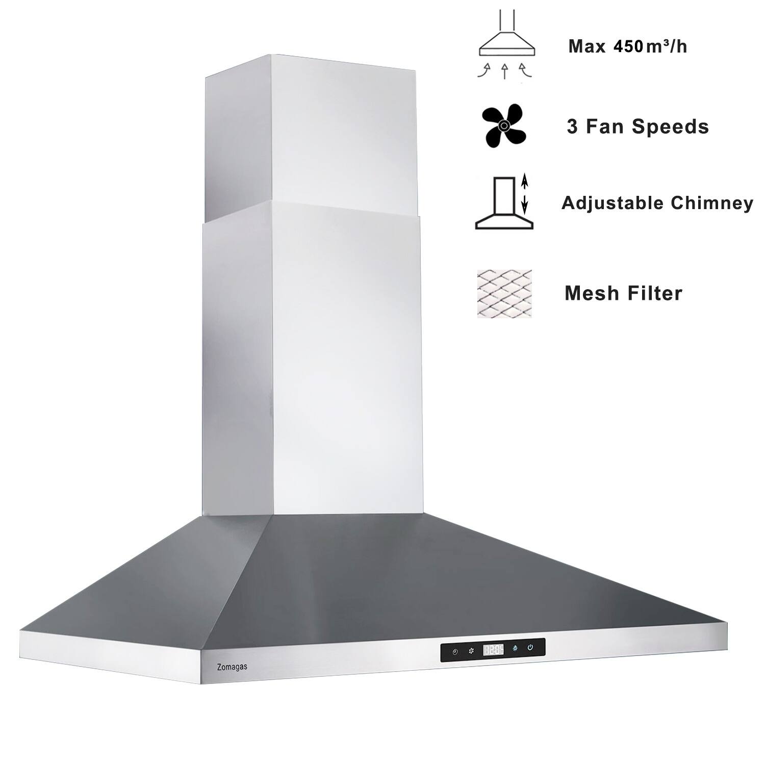 30 inch Range Hood Wall Mounted 450 CFM Touch Panel Kitchen Stainless