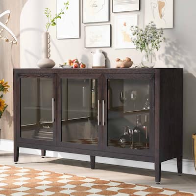 Modern Wood Storage Cabinet with Three Tempered Glass Doors and Adjustable Shelf