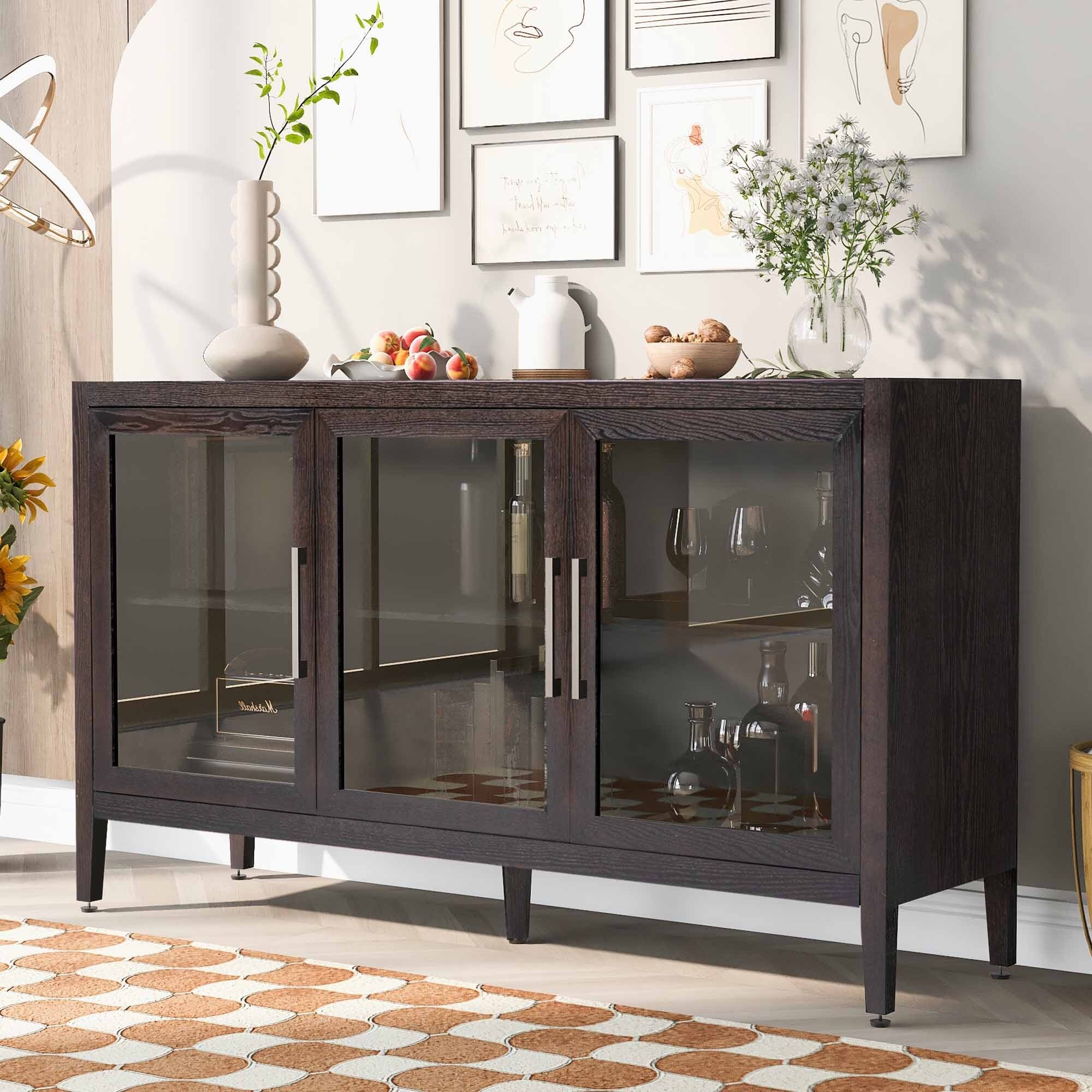 Wood storage cabinets with glass doors and shelves top