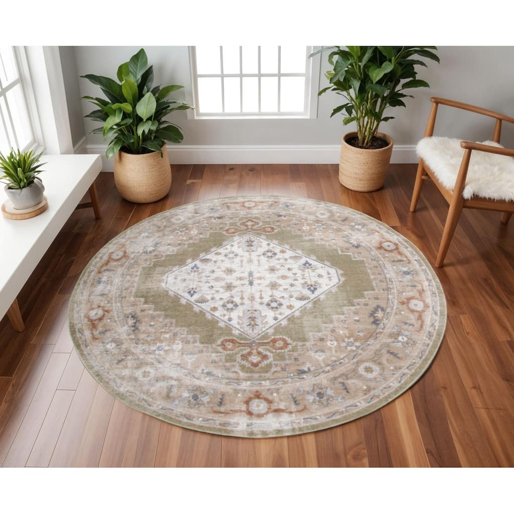 HomeRoots Floral Medallion Transitional Round Area Rug - 94.00 in. x 94.00 in. x 0.25 in.