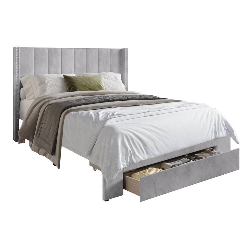 CraftPorch Velvet Wingback Tufted Upholstered Platform Storage Bed