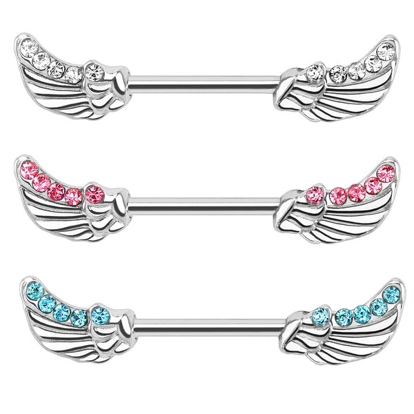 Angels Wings with Lined CZs 316L Surgical Steel Nipple Bar (Sold Individually)