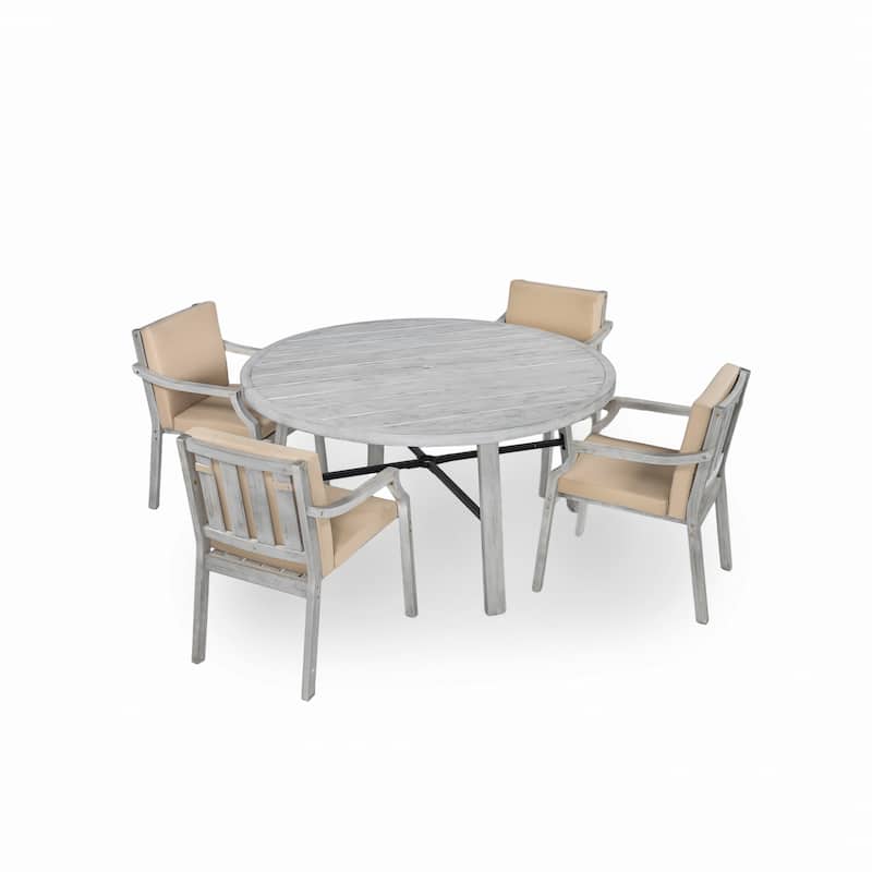 4-Person Outdoor Wooden Dinning Set with 1 Umbrella Hole & Removable Cushions