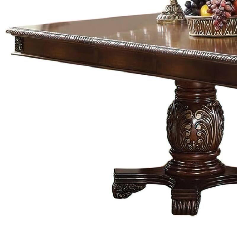 Loki 66-96 Inch Carved Dining Table, Espresso Brown Wood, Extension Leaves