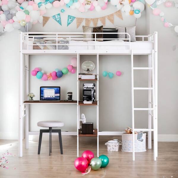slide 2 of 14, Modern Twin Size Loft Bed And Built-in Desk And Shelves,Versatile Usage White