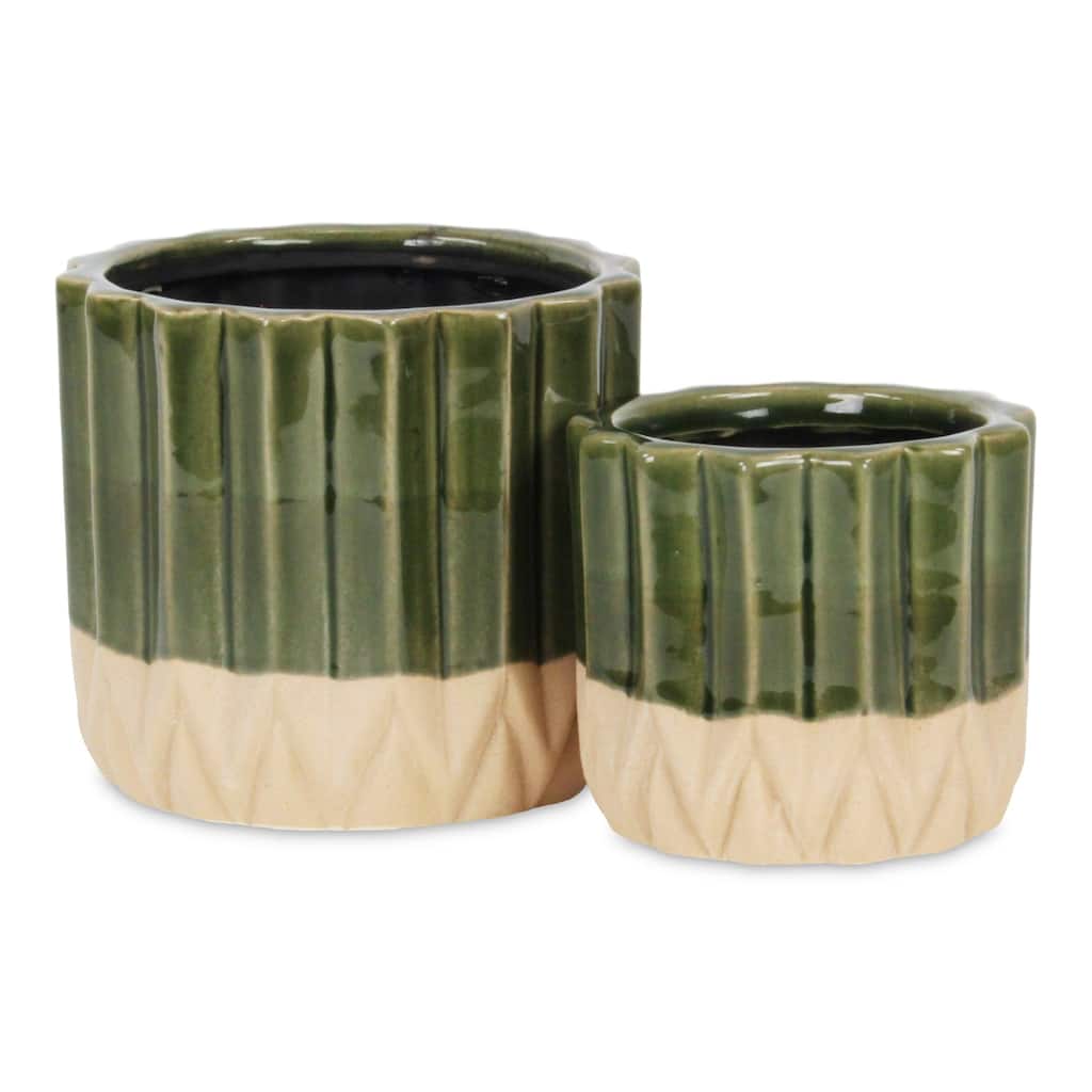 Cadeon Blossom Design Round Ceramic Pot with Textured Base- Dark Green