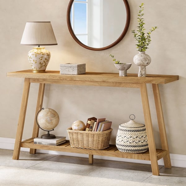 slide 2 of 15, 59" Solid Oak Wood Entryway Console Table Sofa Table with 2-Tier Storage - 59"L x 13.8"W x 30"H Natural Oak