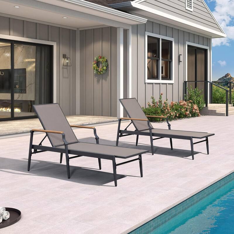 PURPLE LEAF Patio Chaise Lounge Chair Set of 2 Outdoor Lounge Chair with Arm All Weather Adjustable Lounger - Textilene Wooden Armrest（Brown）