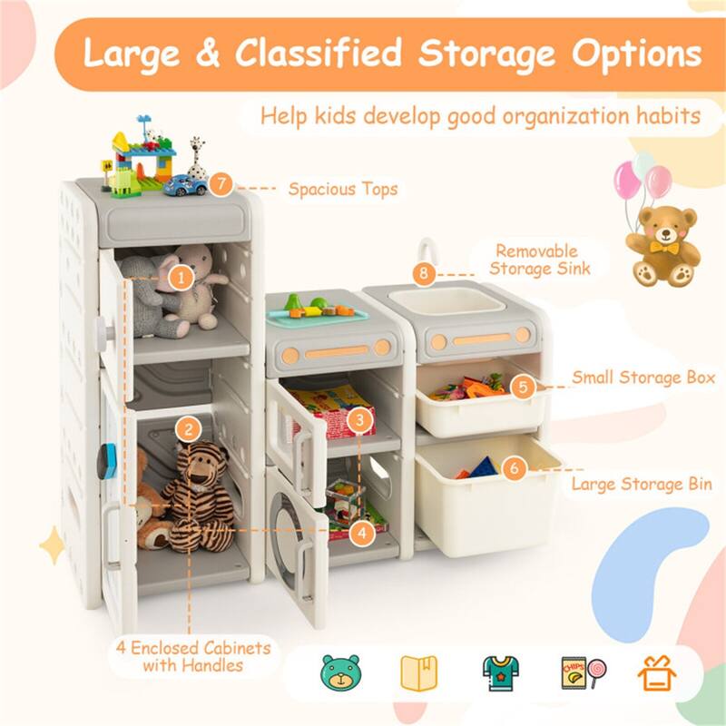 Kids Storage Cabinet with 4 Enclosed Cabinets and Magnetic Whiteboard and Play Sink for Toddlers - 46" x 15" x 38.5"