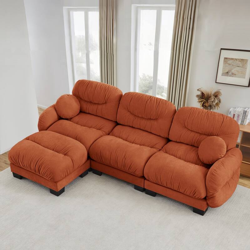 116" Chenille Pleated Design Sectional Sofa with Ottoman and 2 Round Pillows - Orange