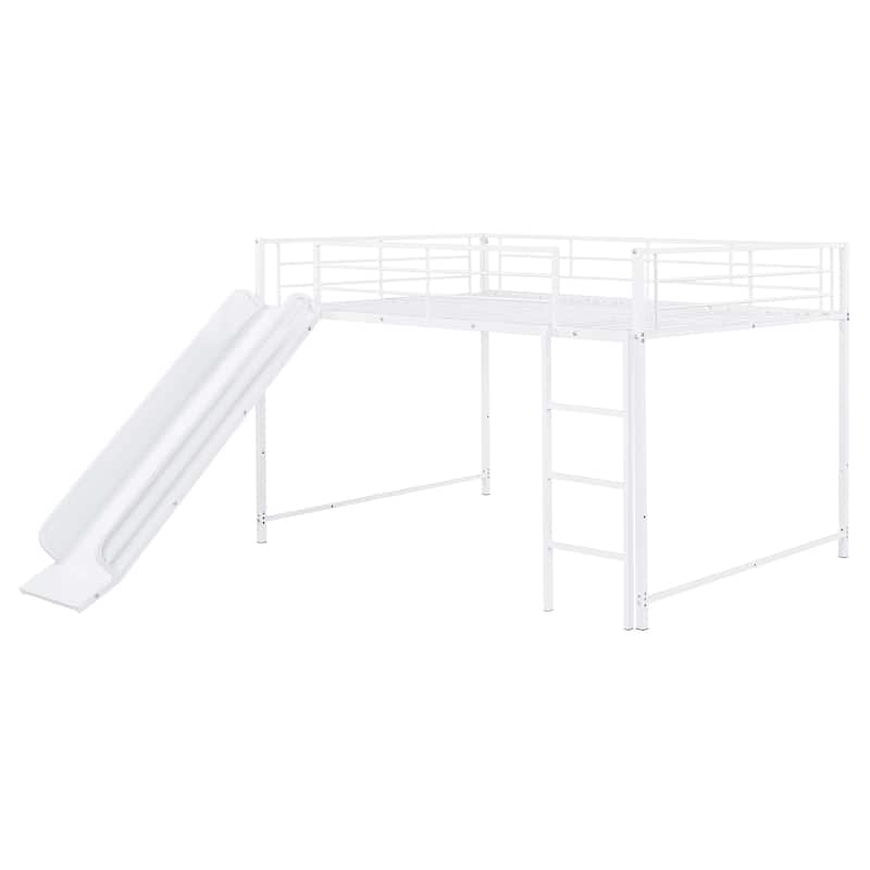 White Full over Full Size Metal Bunk Bed with Slide and Guardrails for Kids, Boys and Girls, Bedroom