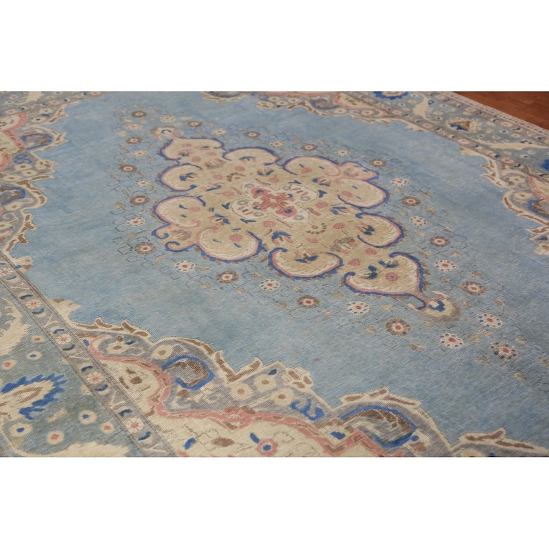 Medallion Tabriz Persian Area Rug Hand-Knotted Light Blue Wool Carpet - 8'5"x 11'2"