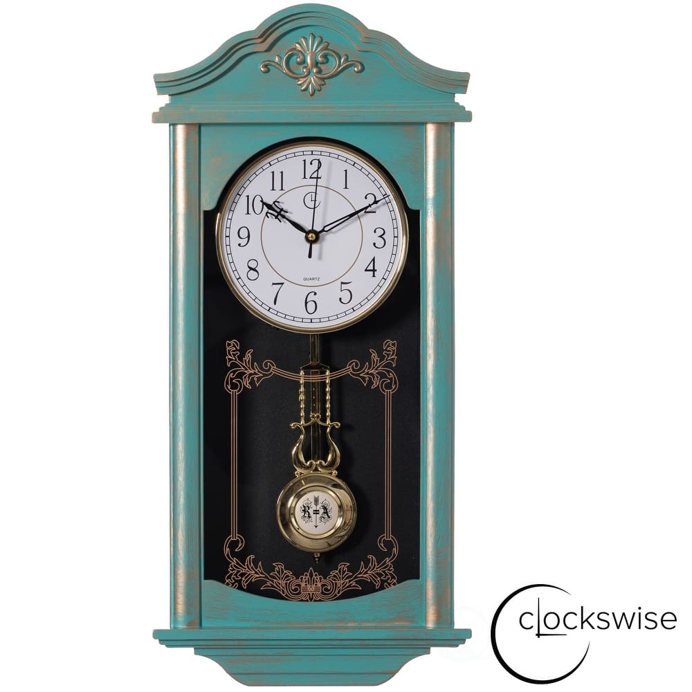 Clockswise Vintage Grandfather Wood-Looking Plastic Pendulum Decorative Battery-Operated Wall Clock Brown, for Home Decor