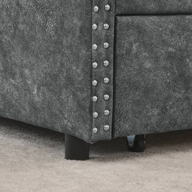 Roomfitters Twin/Full/Queen Upholstered Daybed with Tufted Backrest, Nailhead Trim and Underbed Storage Trundle, Grey