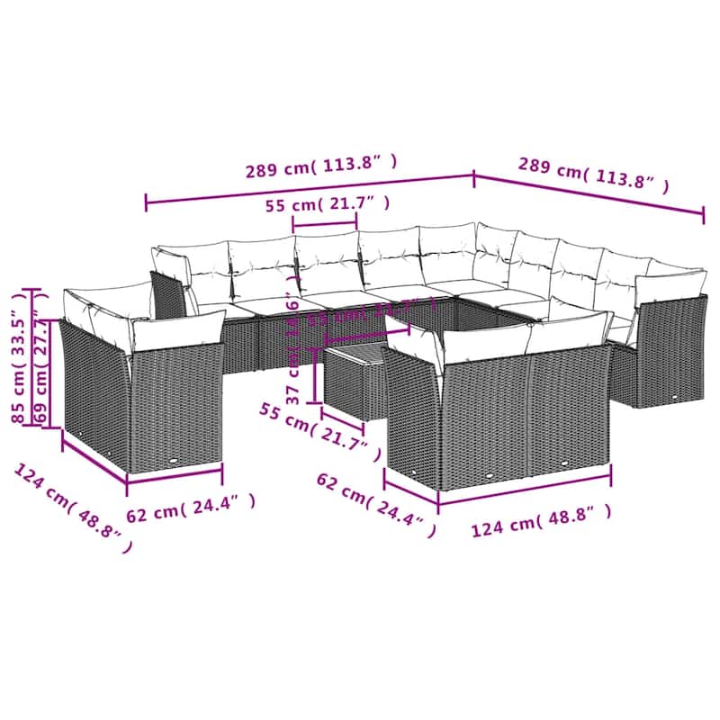 vidaXL Patio Sofa Set with Cushions Outdoor Furniture 14 Piece Poly Rattan - 24.4 x 24.4 x 27.2