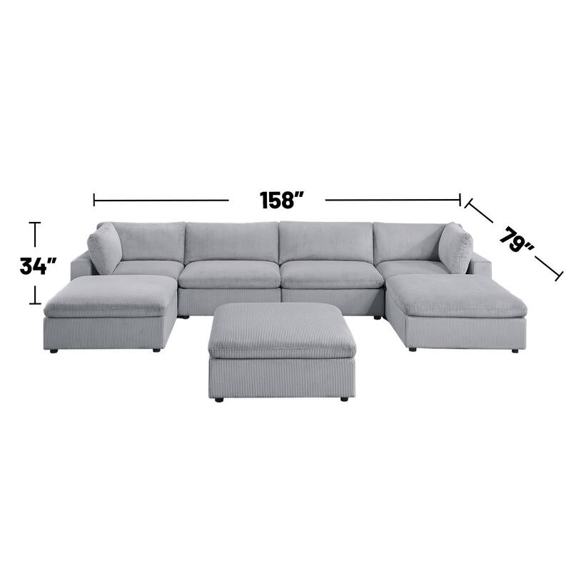 7 Piece Corduroy Upholstered Modular Sectional Sofa with Ottoman